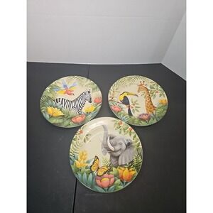 3 Sakura Jungle Animals Salad Plates Stephanie Stouffer Giraffe Toucan Stoneware